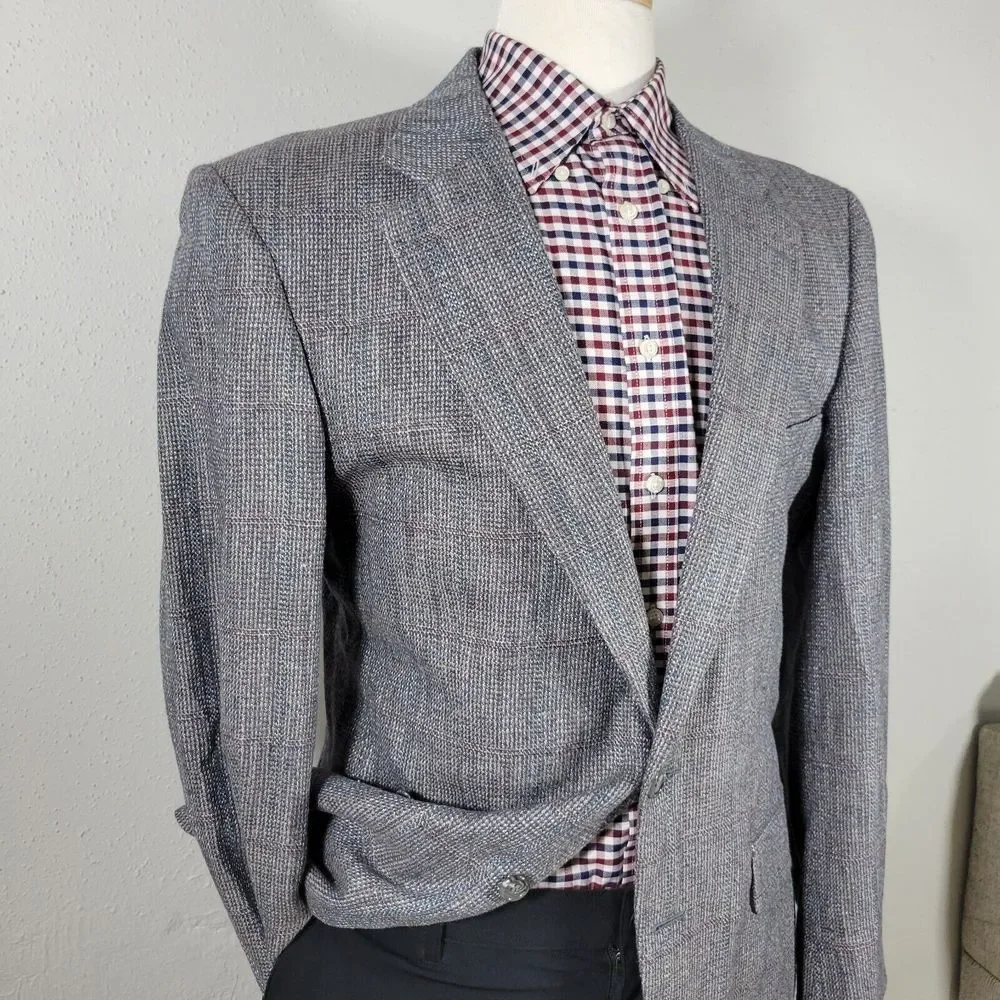 VTG Stafford Men's Tweed Sport Coat Blazer Two Button Gray Wool Plaid‎ 42R Slim